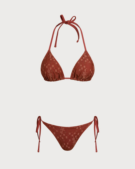 Red Halter Mesh Drawstring Bikini Set