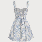 Blue Floral Ruched Slip Corset Mini Dress