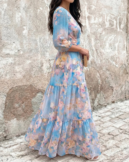 CHICME Women's Watercolor Floral V-Neck Shirred High Waist Maxi Dress Three Quarters Lantern Sleeve A-Line Ruffle Hem Chiffon Vacation Dress