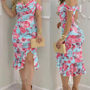 Women's Floral Mesh Midi Dress Pearl Strap Cowl Neck Ruffle Slit Bodycon Dress Vacation Party Dress