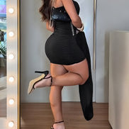 Women's Faux Two-Piece Dress Strapless Tube Dress Ruched Asymmetric Hem Dress with Detachable Clear Straps