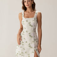 Beige Square Neck Embroidery Slit Slip Mini Dress