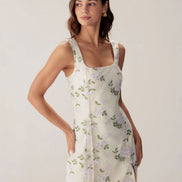 Beige Square Neck Embroidery Slit Slip Mini Dress