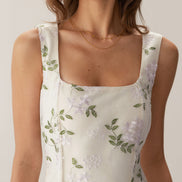 Beige Square Neck Embroidery Slit Slip Mini Dress