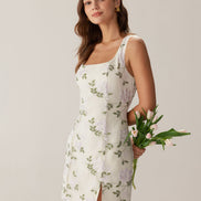 Beige Square Neck Embroidery Slit Slip Mini Dress