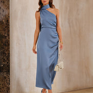 Blue One Shoulder A-Line Satin Maxi Dress