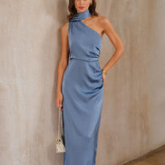 Blue One Shoulder A-Line Satin Maxi Dress