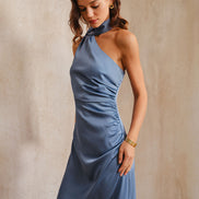 Blue One Shoulder A-Line Satin Maxi Dress