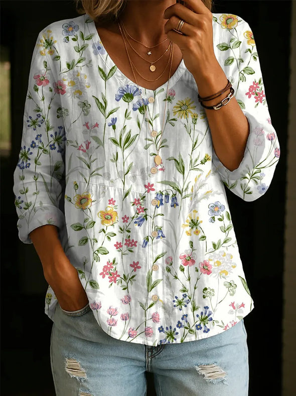 Artistic Floral Print Cotton Blouse - Women's Elegant Casual Soft Cotton Top