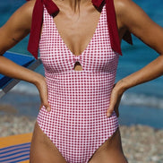 Wine Red Plaid One Piece Swimwear