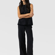 Corinne Wide Leg Linen Pant - Black
