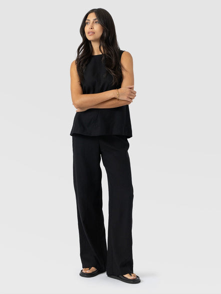 Corinne Wide Leg Linen Pant - Black