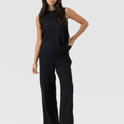 Corinne Wide Leg Linen Pant - Black