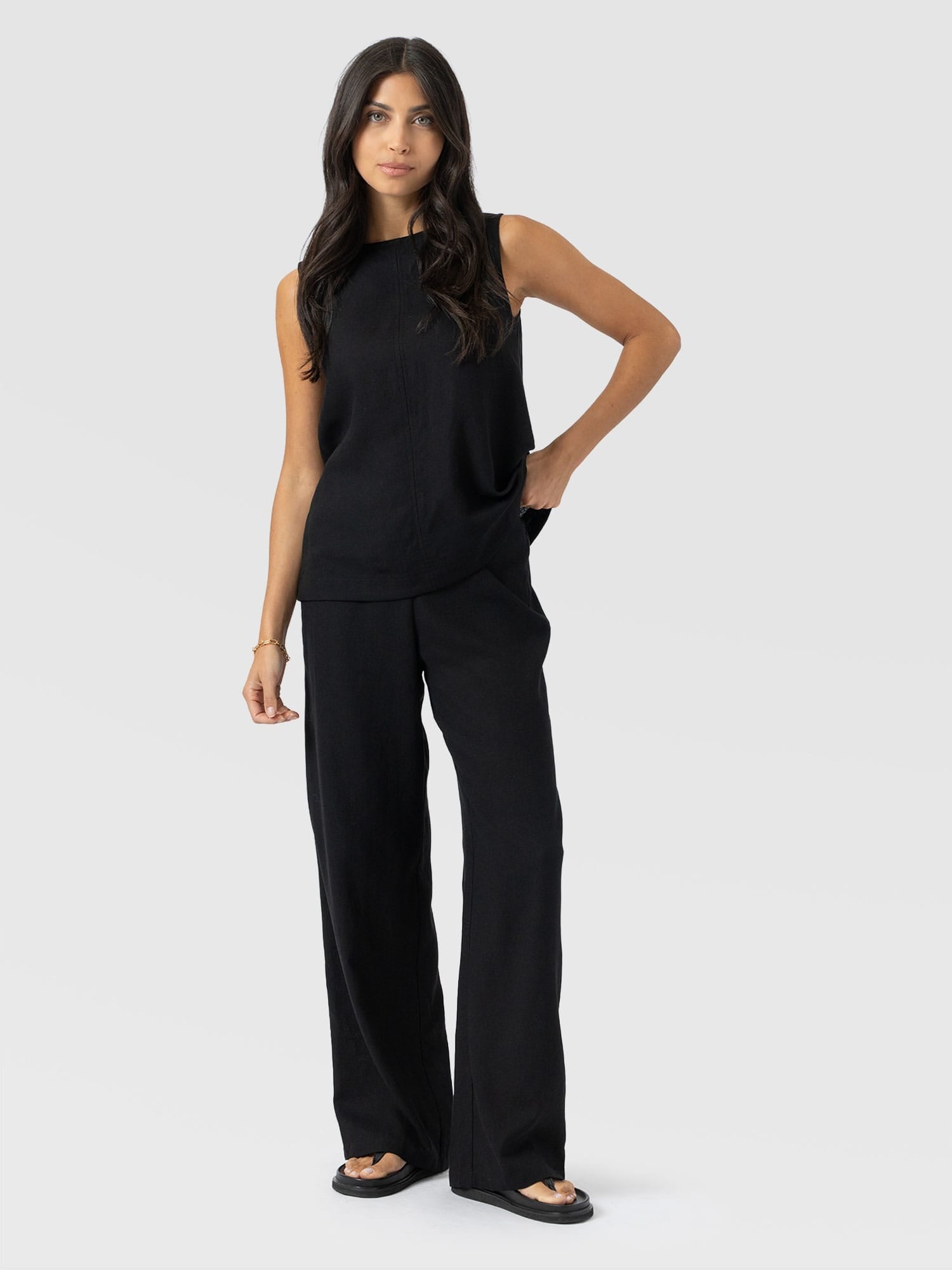 Corinne Wide Leg Linen Pant - Black