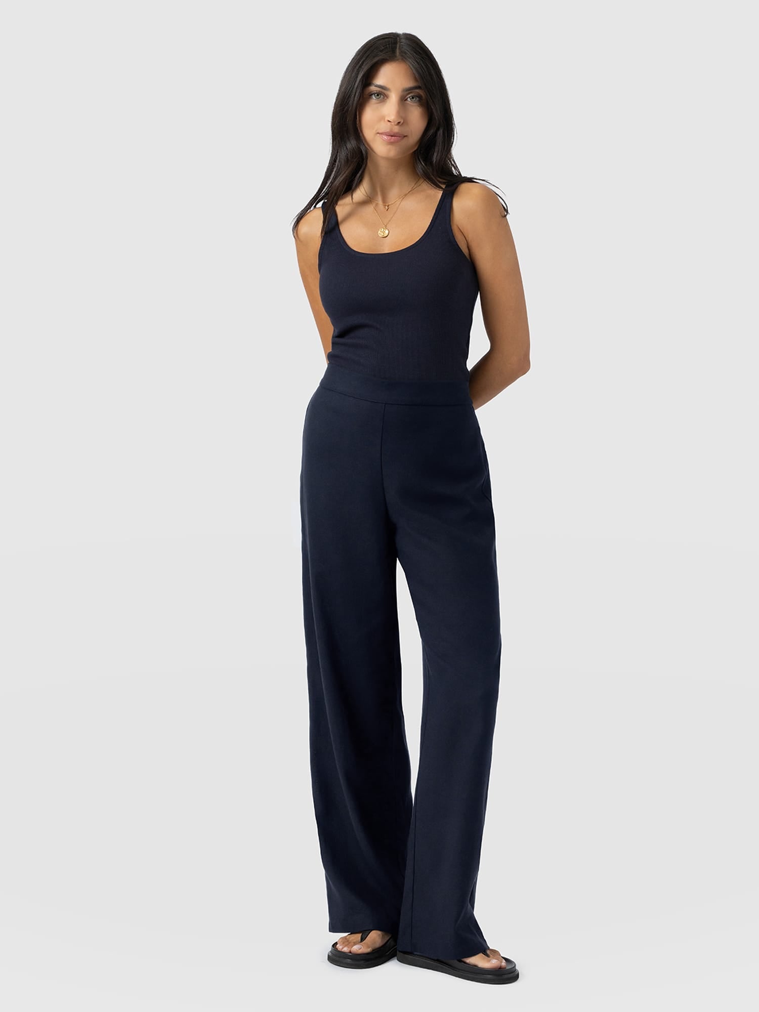 Corinne Wide Leg Linen Pant - Navy
