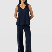 Corinne Wide Leg Linen Pant - Navy