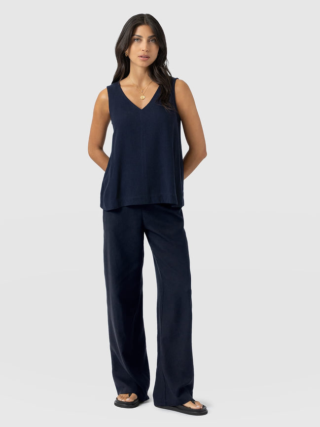 Corinne Wide Leg Linen Pant - Navy