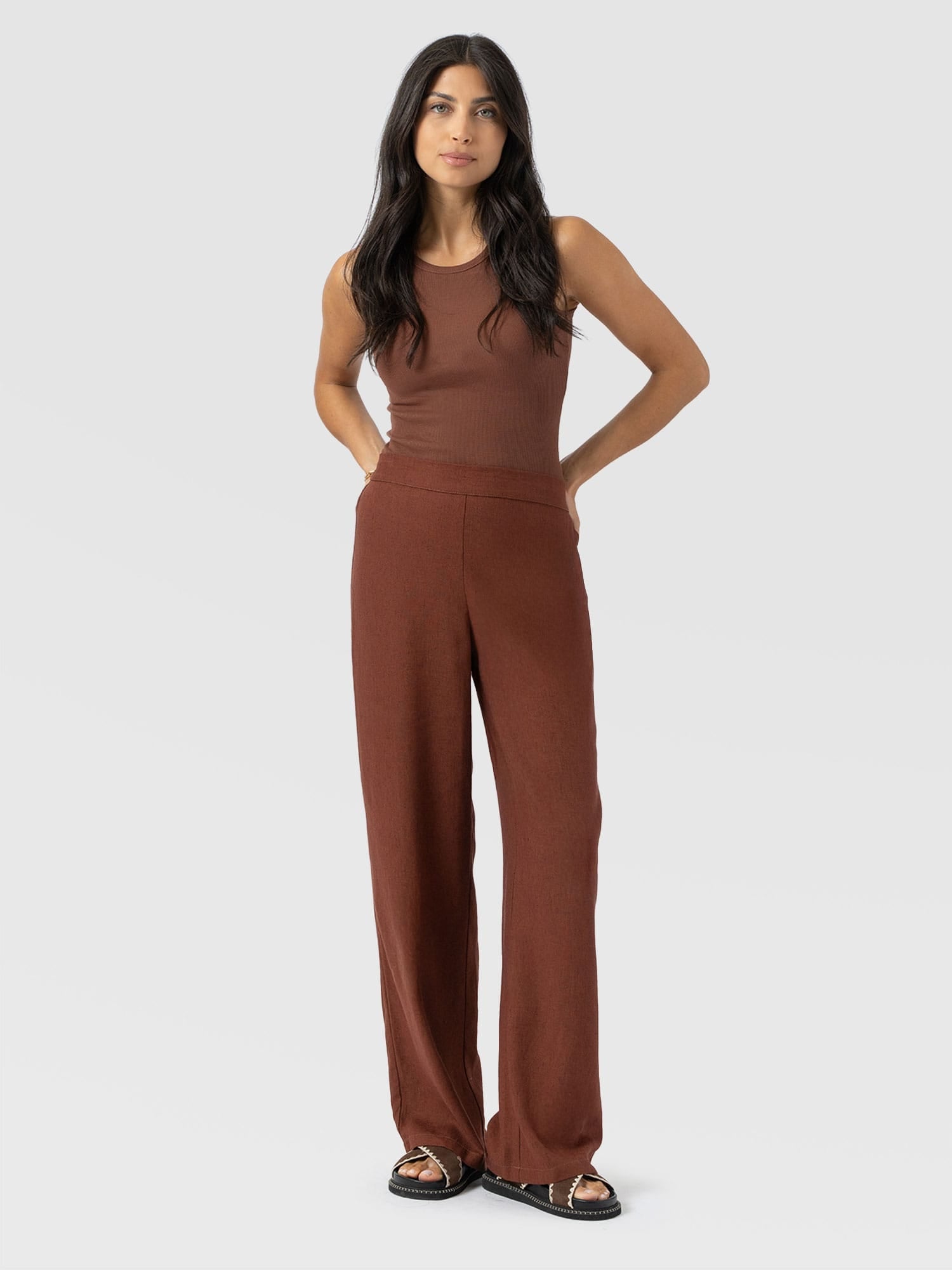 Corinne Wide Leg Linen Pant - Russet Brown