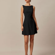 The Black Boat Neck High Waisted Mini Dress