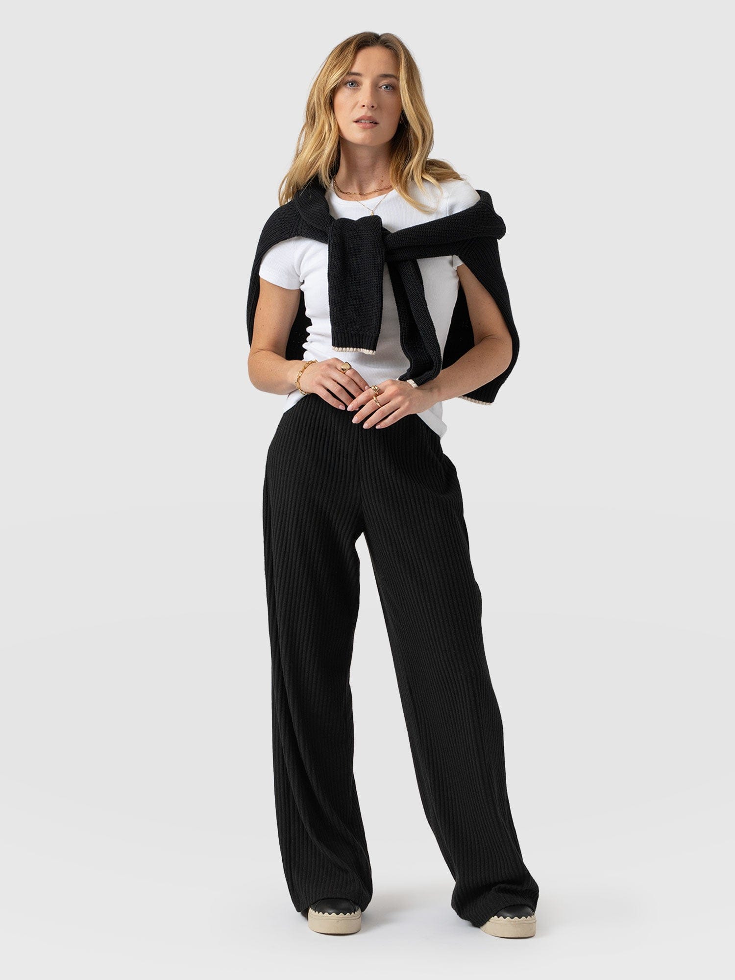 Hoxton Wide Leg Pant - Black Rib