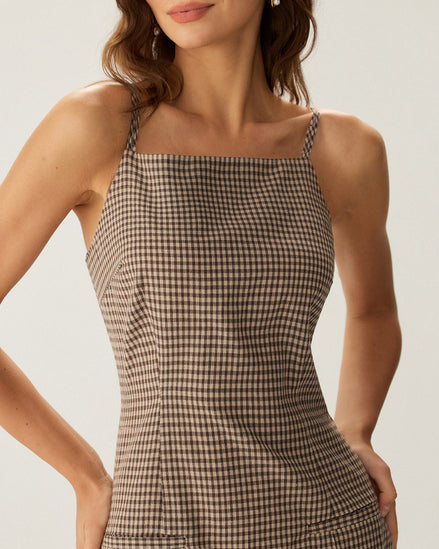 Brown Gingham Slip Mini Dress