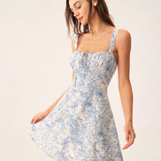 Blue Floral Ruched Slip Corset Mini Dress