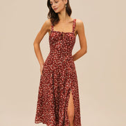 Wine Red Floral Slip Midi Dress