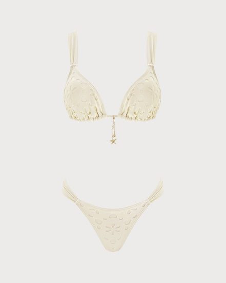 Off White Drawstring Triangle Bikini Set