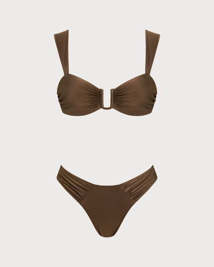 Brown Cut Out Drawstring Bikini Set