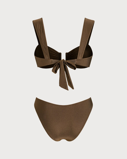 Brown Cut Out Drawstring Bikini Set