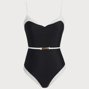 Black Contrasting V Neck One Piece Swimwear