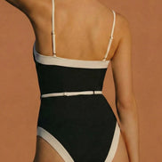 Black Contrasting V Neck One Piece Swimwear