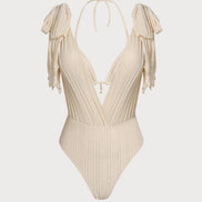 Apricot Halter Sequins Drawstring Bikini Set
