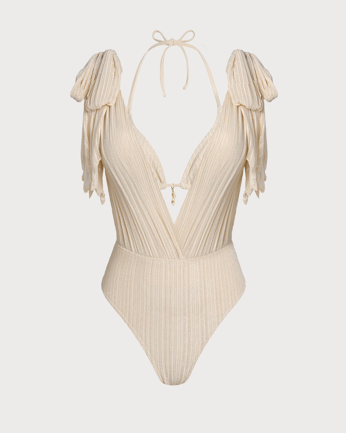 Apricot Halter Sequins Drawstring Bikini Set