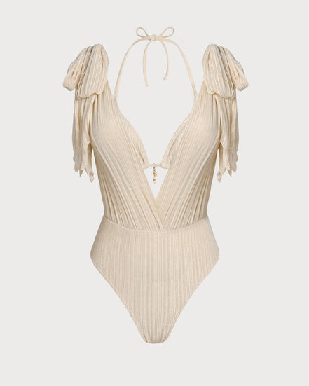 Apricot Halter Sequins Drawstring Bikini Set