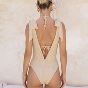 Apricot Halter Sequins Drawstring Bikini Set