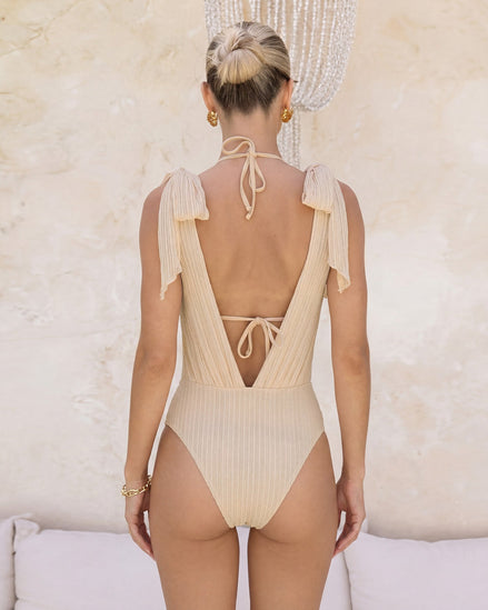Apricot Halter Sequins Drawstring Bikini Set