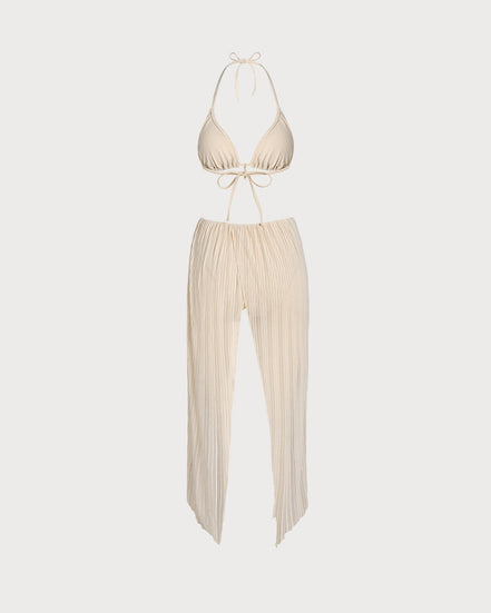 Apricot Halter Sequins Drawstring Bikini Set