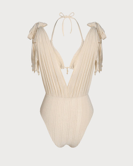 Apricot Halter Sequins Drawstring Bikini Set