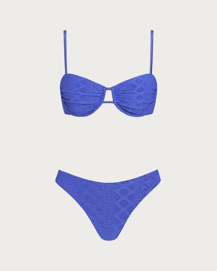 Blue Textured Drawstring Underwire Bikini Set