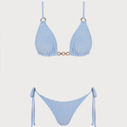Blue V Neck O-Ring Triangle Bikini Set