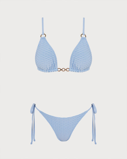 Blue V Neck O-Ring Triangle Bikini Set