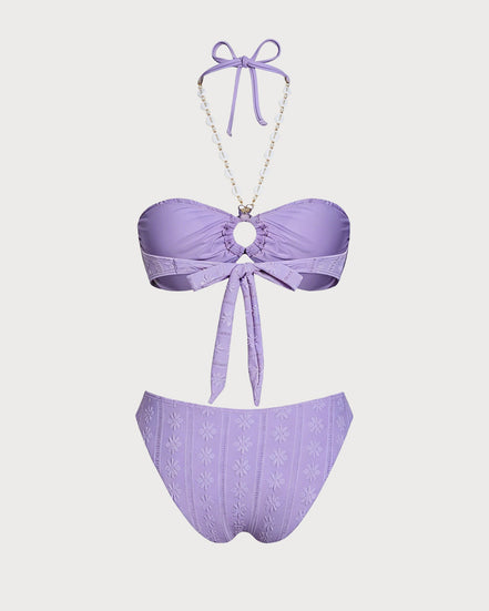 Purple Halter O-Ring Bandeau Bikini Set