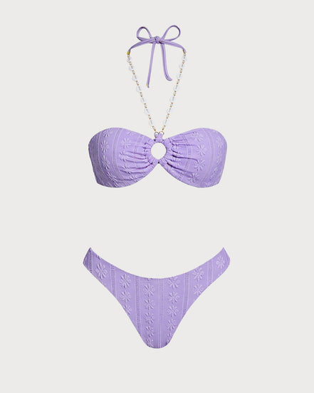 Purple Halter O-Ring Bandeau Bikini Set