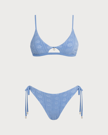 Blue Floral U Neck Triangle Bikini Set