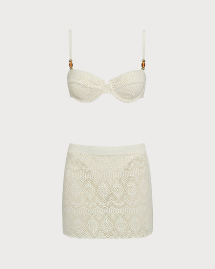 White Textured Underwire Three-Piece Set
