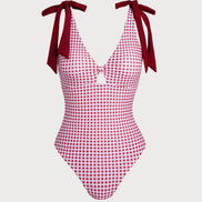 Wine Red Plaid One Piece Swimwear