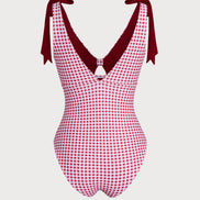 Wine Red Plaid One Piece Swimwear
