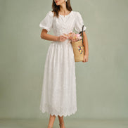 White Round Neck Floral Midi Dress