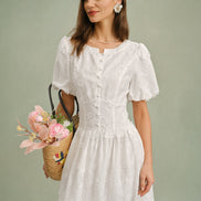 White Round Neck Floral Midi Dress